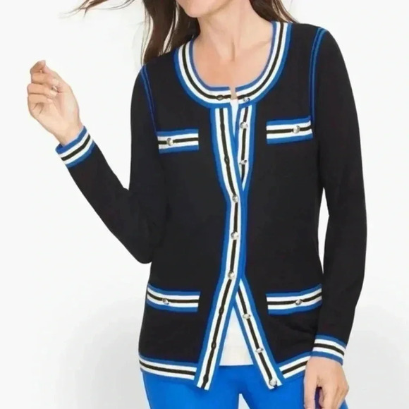 Talbots Super Soft Tipped Cardigan Cashmere Blend Preppy Black Blue Size M NWT - Picture 6 of 6
